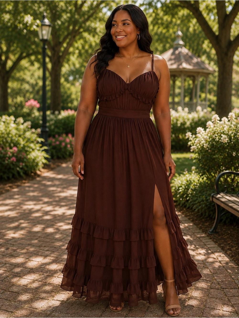 Elegant Chocolate Brown Ruffle Maxi Dress, Size 12 - Picture 3 of 4